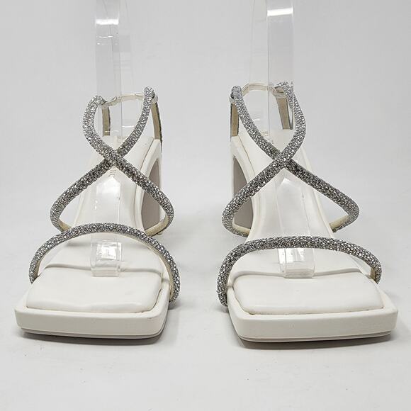 Azalea Wang Heeled Sandals Women 7 White Statement Sparkle Strappy Square Toe - Picture 5 of 10